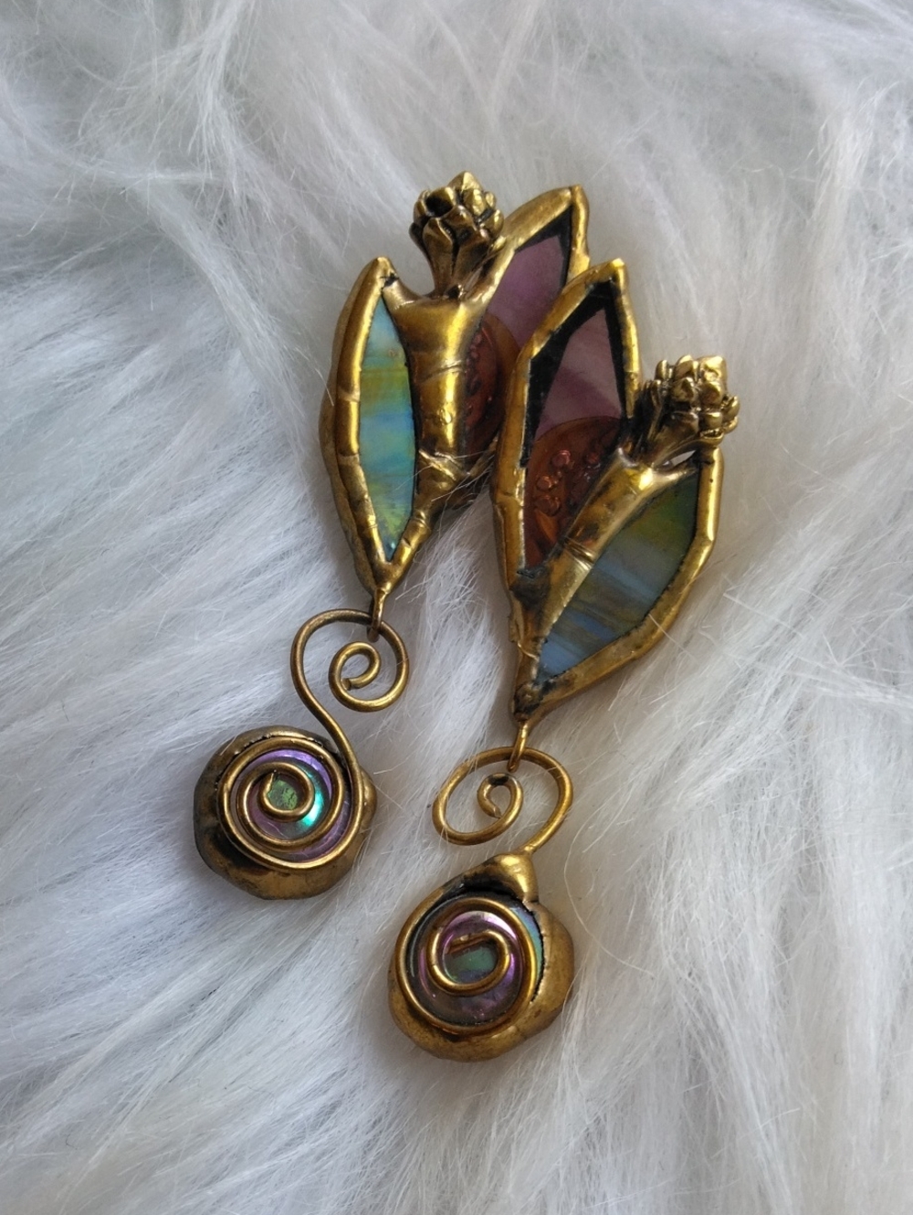 Whimsical Abalone And Glass Gold Tone Dangle Earrings